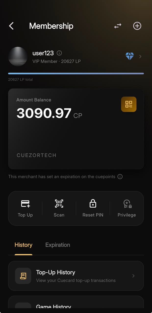 Self-service wallet top-up in the Cuezor app